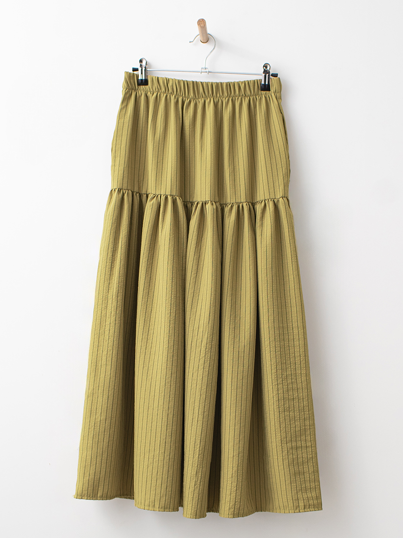 條紋提織泡泡布抽皺剪接長裙