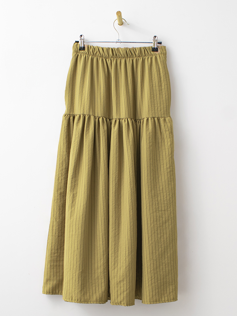 條紋提織泡泡布抽皺剪接長裙