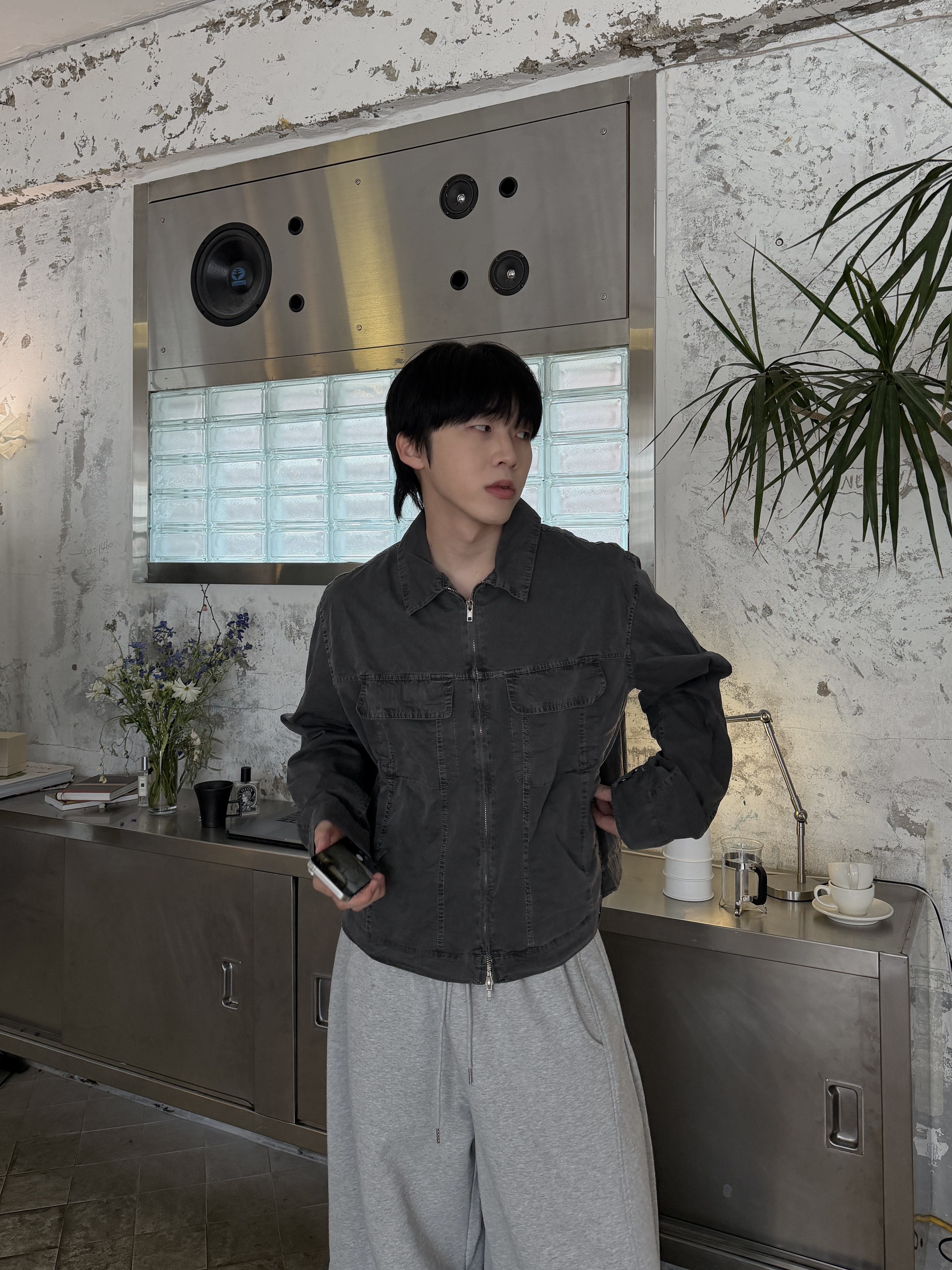 做舊水洗 雙拉鏈 皺摺寬鬆短版夾克