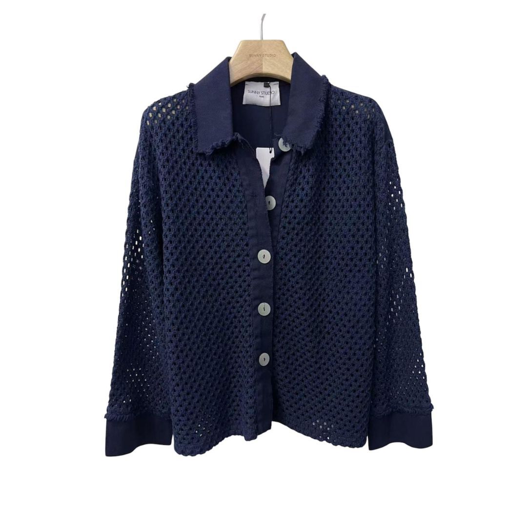 1SO0403-235 [SUNNY STUDIO] Long-Sleeve Crochet Jacket Marine #56009 (EU)