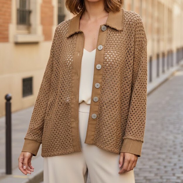 1SO0403-233 [SUNNY STUDIO] Long-Sleeve Crochet Jacket Camel #56009 (EU)