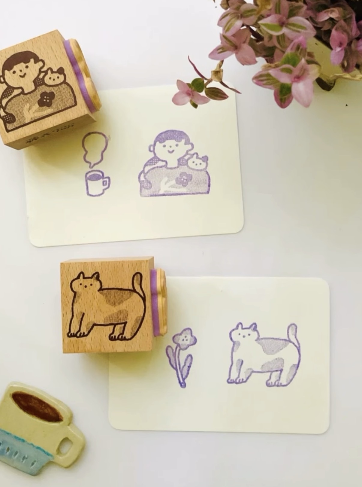 海邊男孩與貓咪 雙面印章｜台灣 繭花