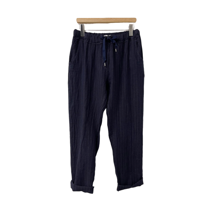 1SO0403-142 [SUNNY STUDIO] Linen Blend Stripe Trousers Marine #26338 (EU)