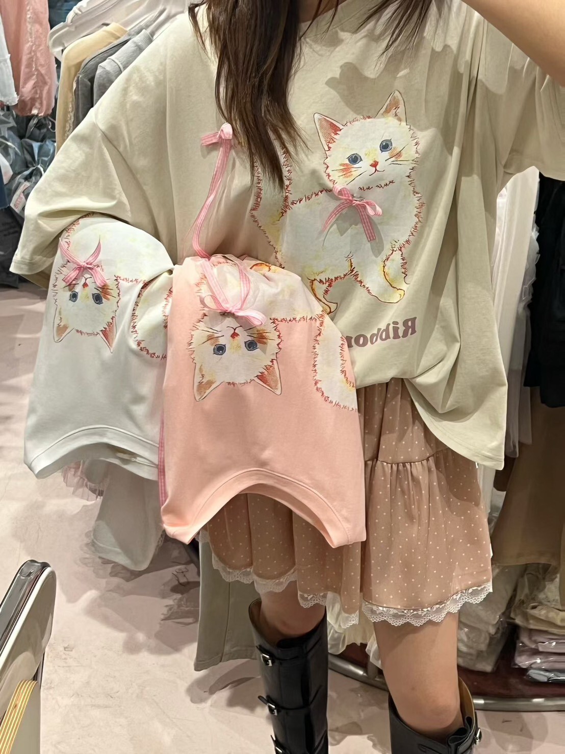 粉緞帶結貓咪t