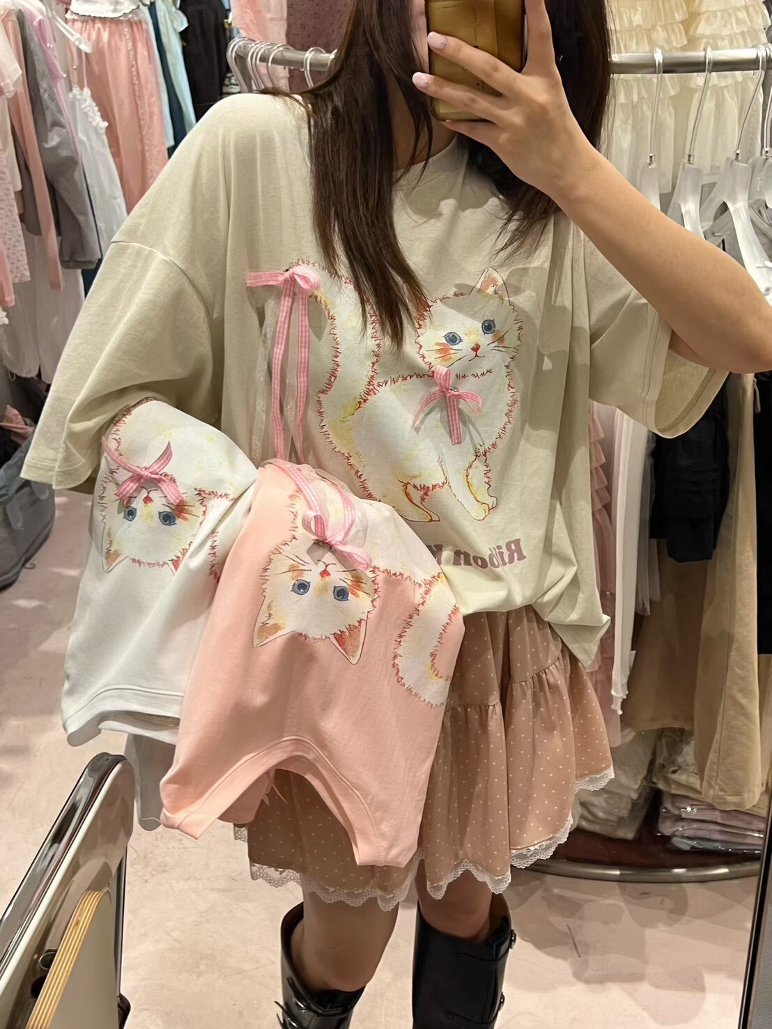粉緞帶結貓咪t