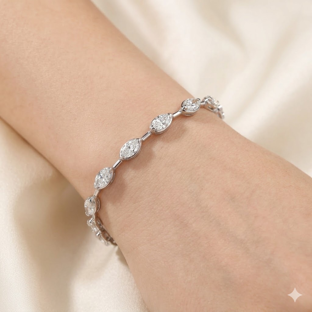 全新18K白金6卡15份欖尖形鑽石手鍊