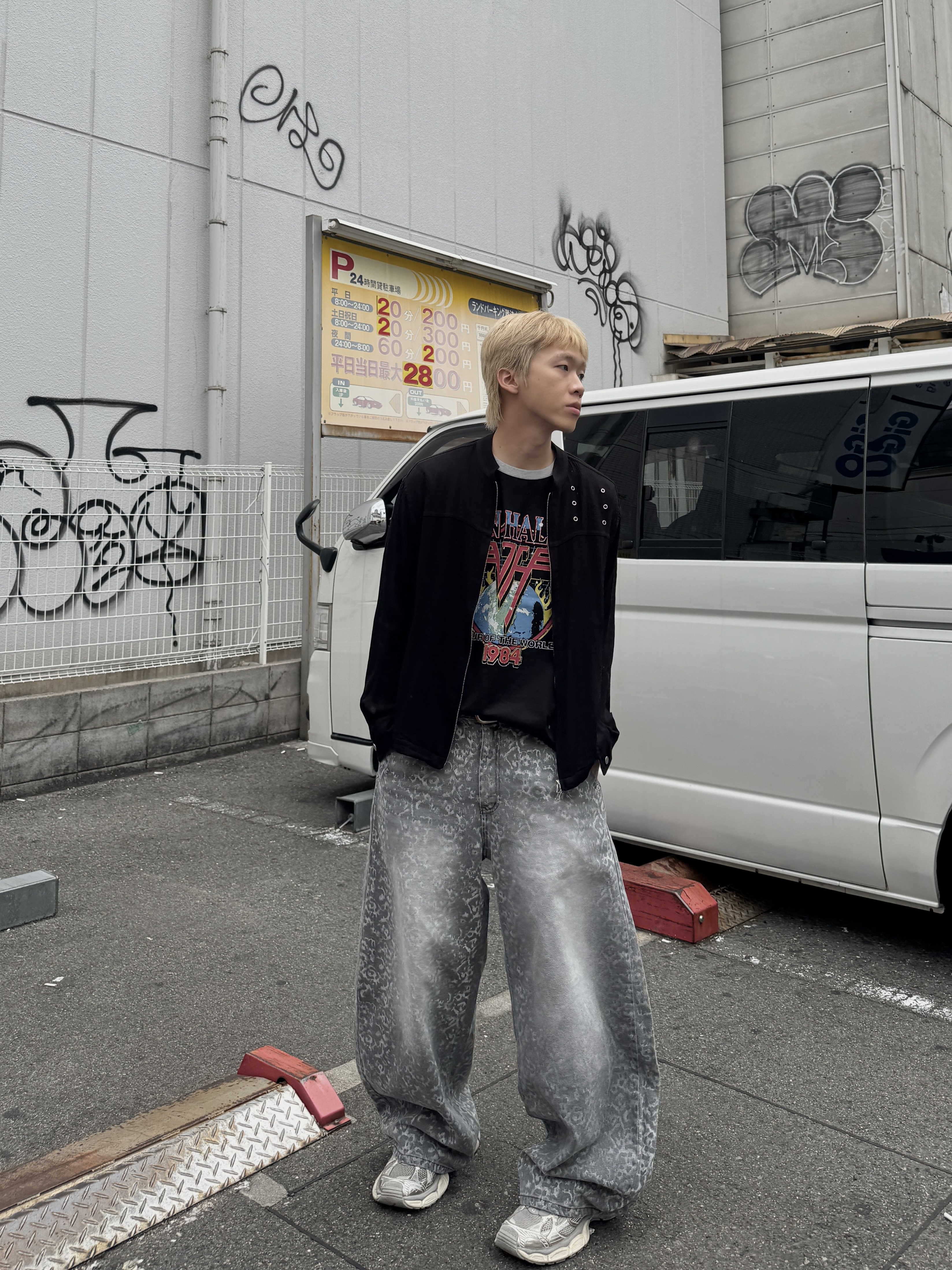 仿舊豹紋 褪色水洗 闊腿落地牛仔褲