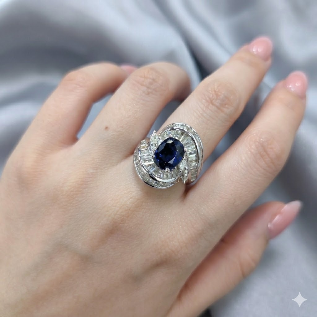 全新18K白金【單粒2卡78份藍寶石】配2卡38份鑽石戒指