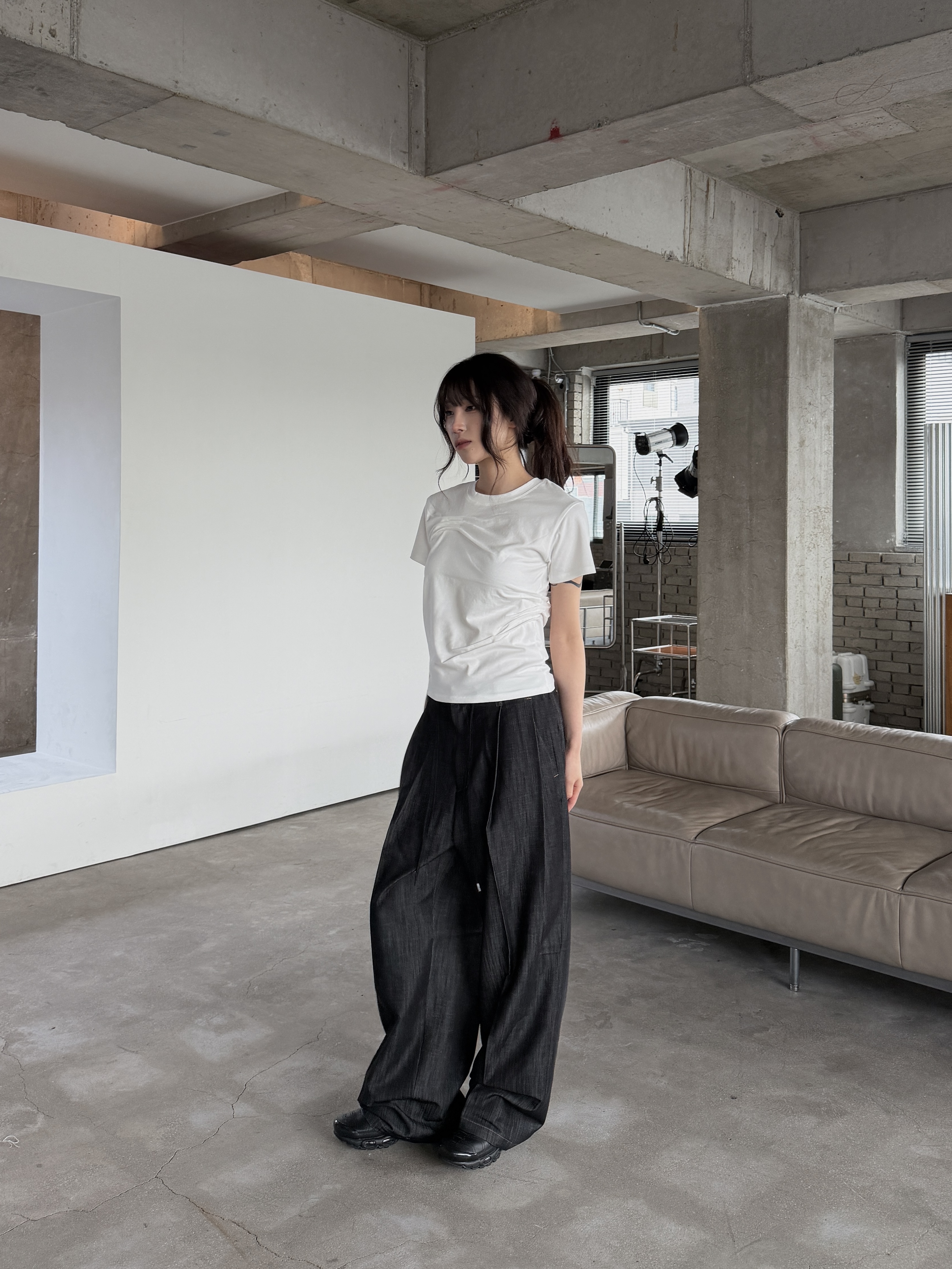 丹寧造型 寬鬆落地 鬆緊西裝褲