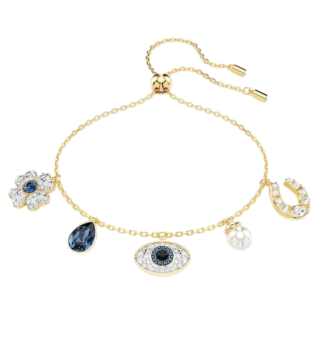 【Swarovski】Symbolica Bracelet, Crystal Pearl, Clover, Evil Eye And Horseshoe, Blue, Gold-Tone Plated  藍