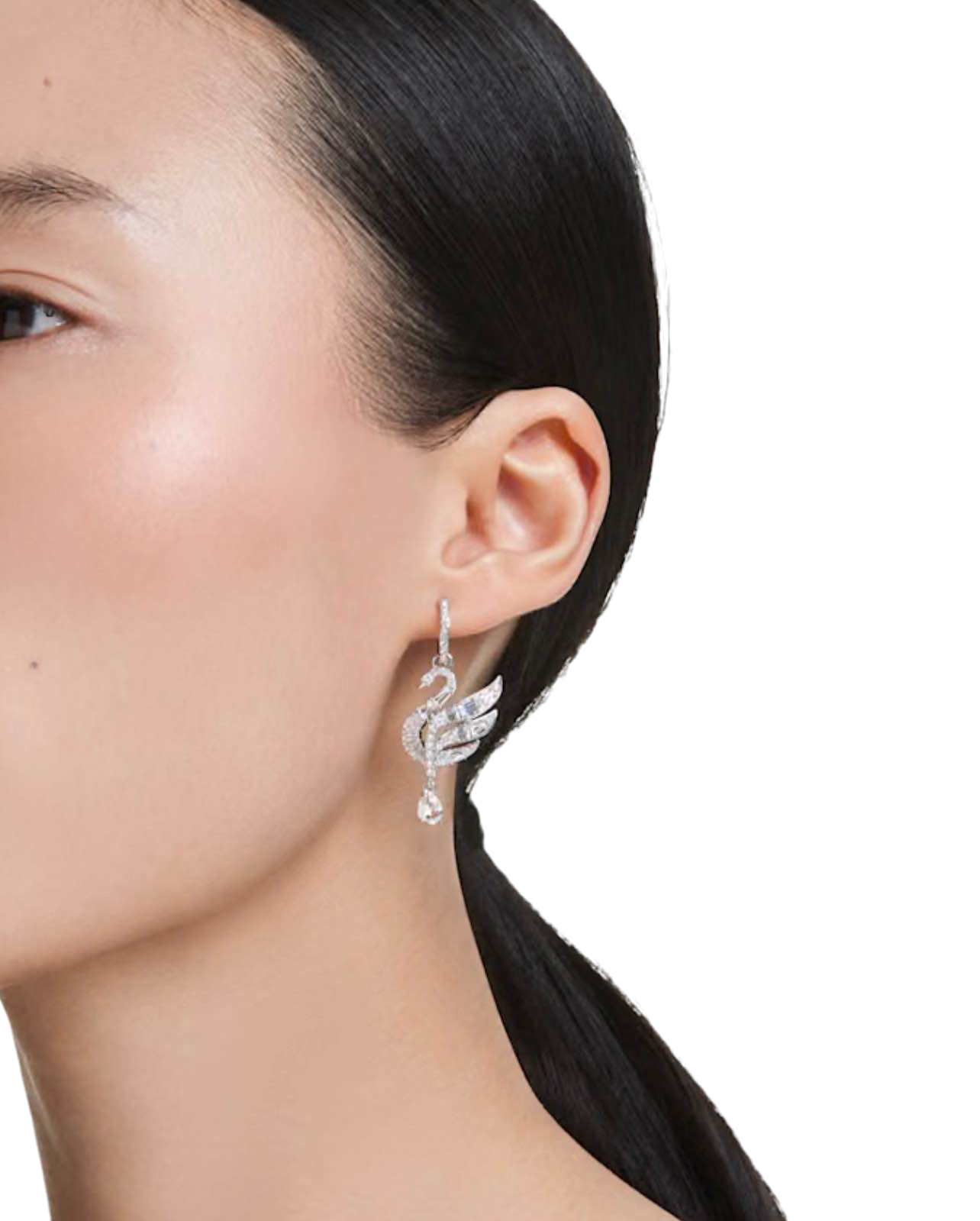 【Swarovski】Swan Earrings, Swan, White, Rhodium Plated  白