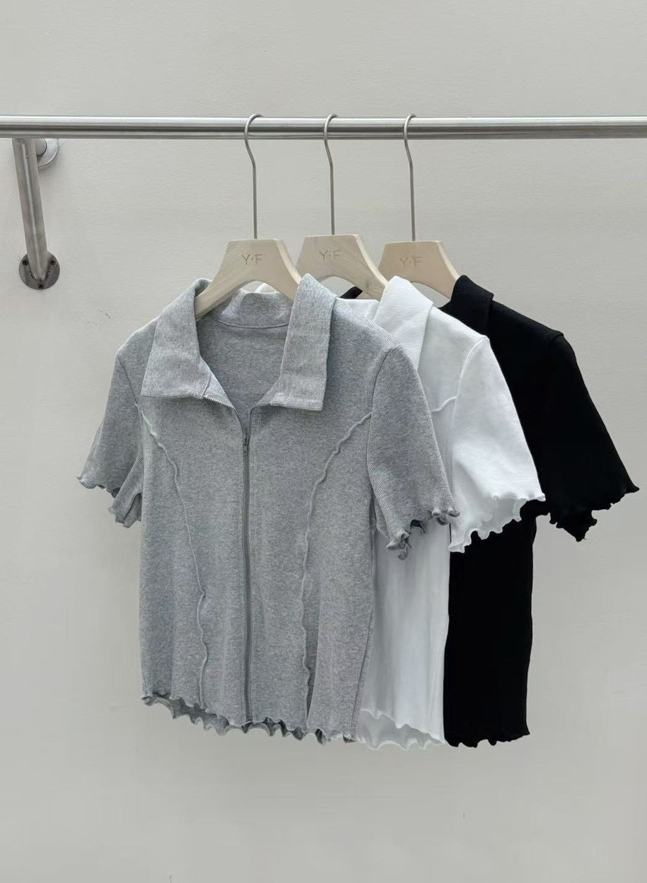 雙拉鍊捲邊立體壓線棉質衣