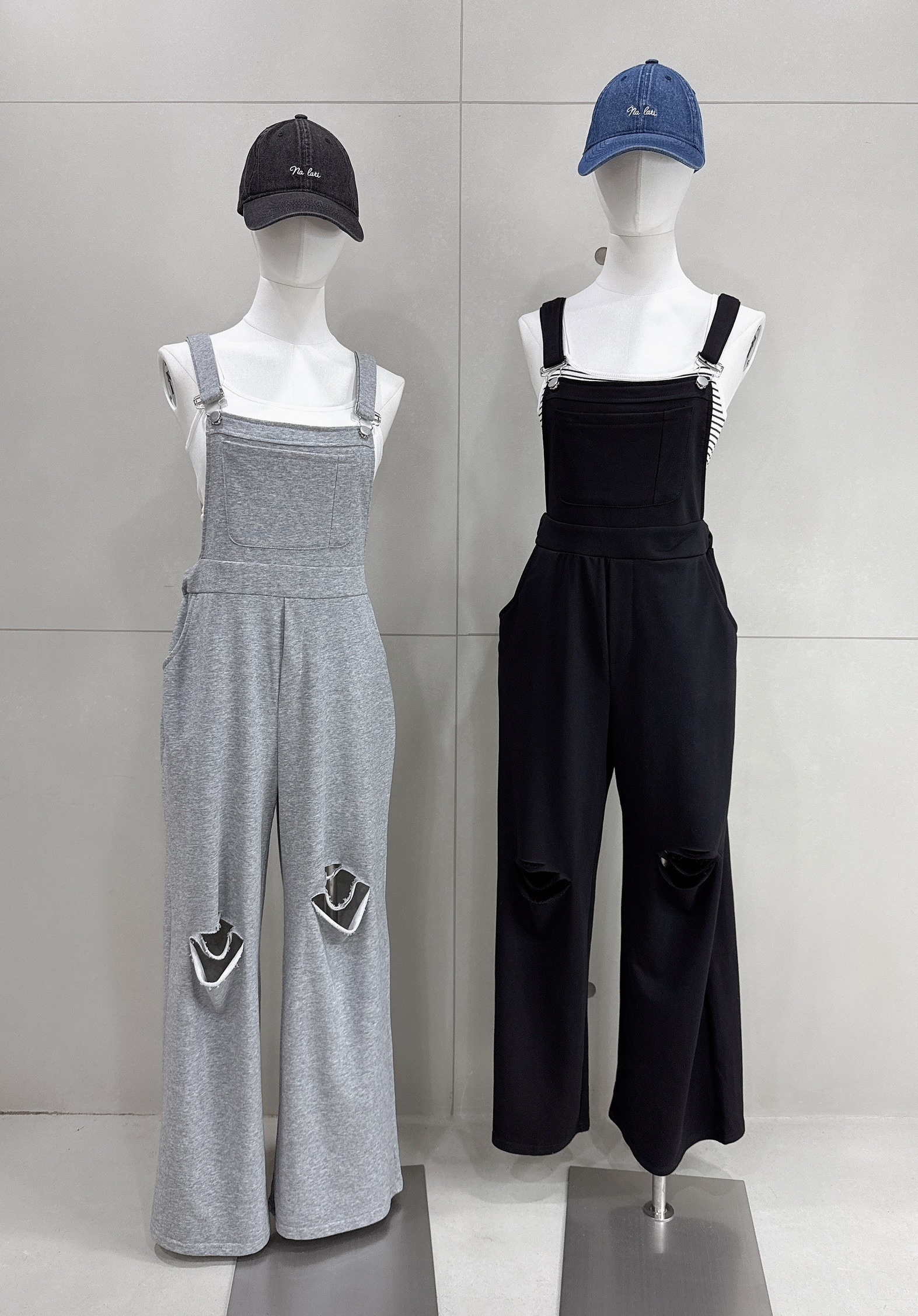 帥氣割破棉質吊帶寬褲