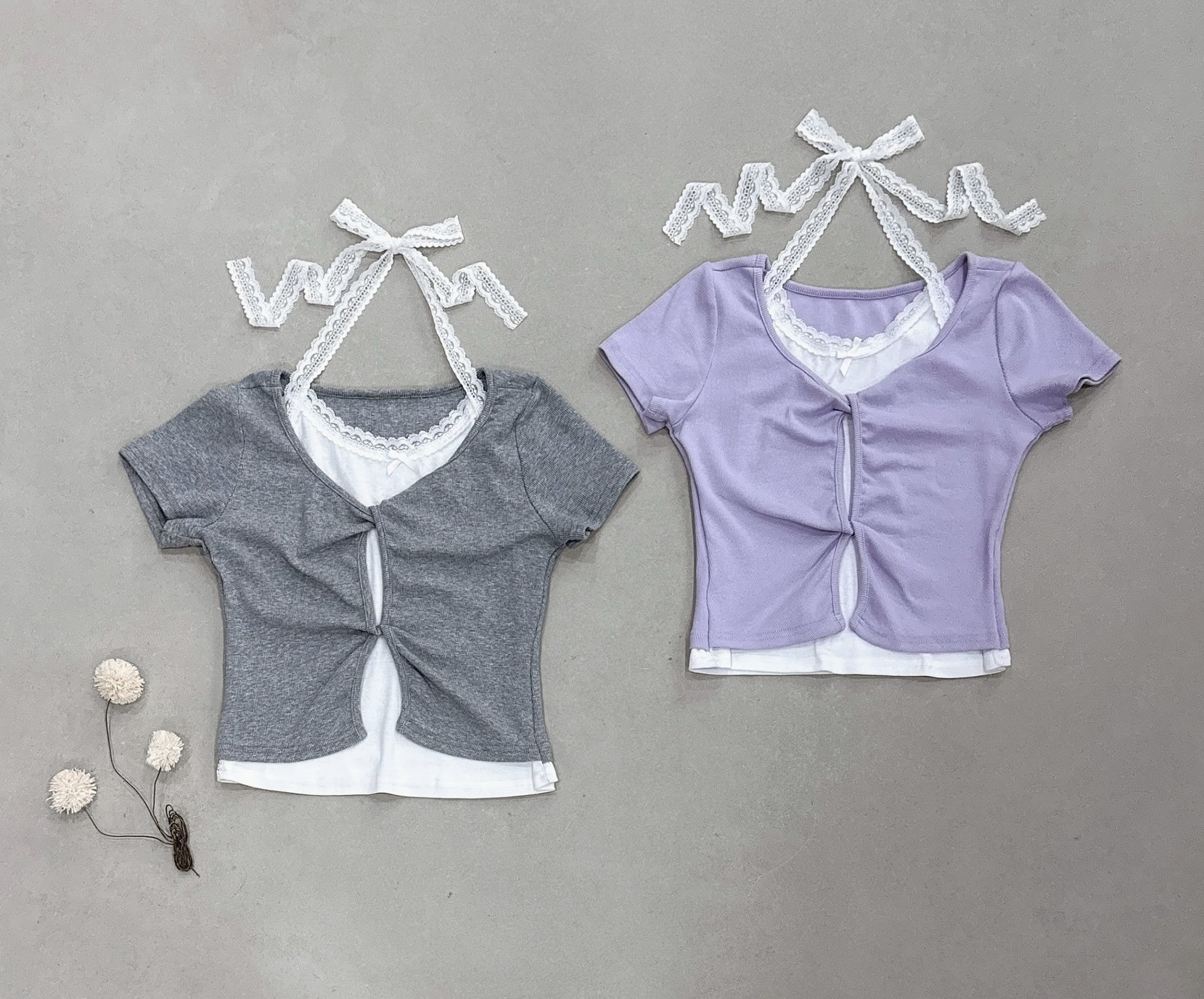 假兩件蕾絲掛脖扭結衣