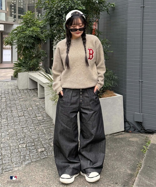 【預購】J0402604 MLB/金銀絲提花標誌針織衫「特別訂製」男女款  米色