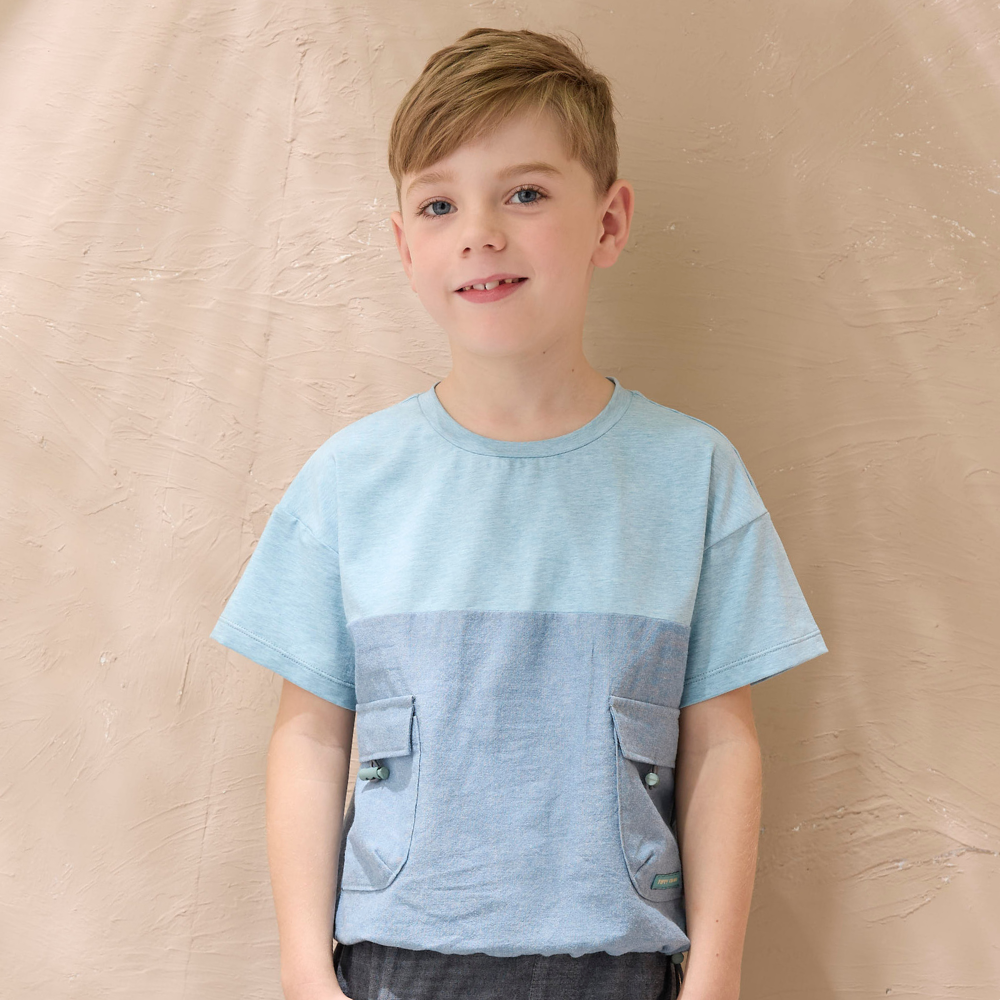 PIPPY 撞色拼接雙口袋刺繡抽繩彈性棉短袖上衣 藍