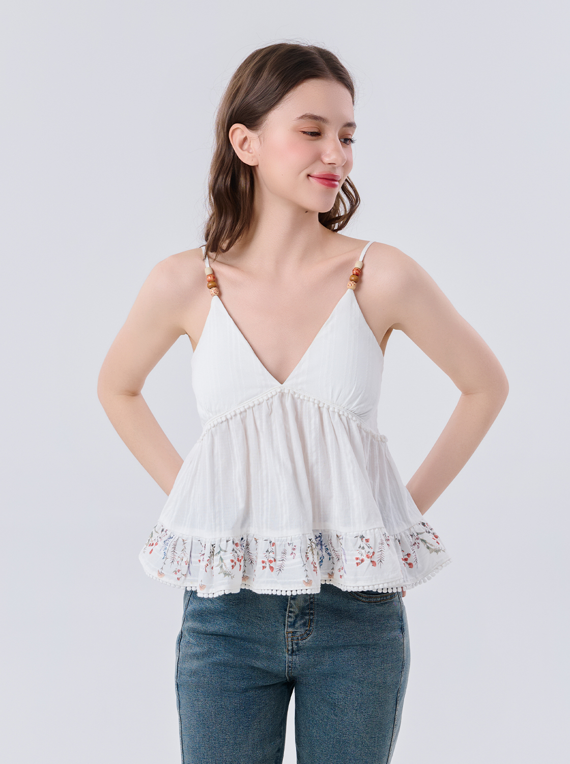 刺繡荷葉細肩V領Bra背心