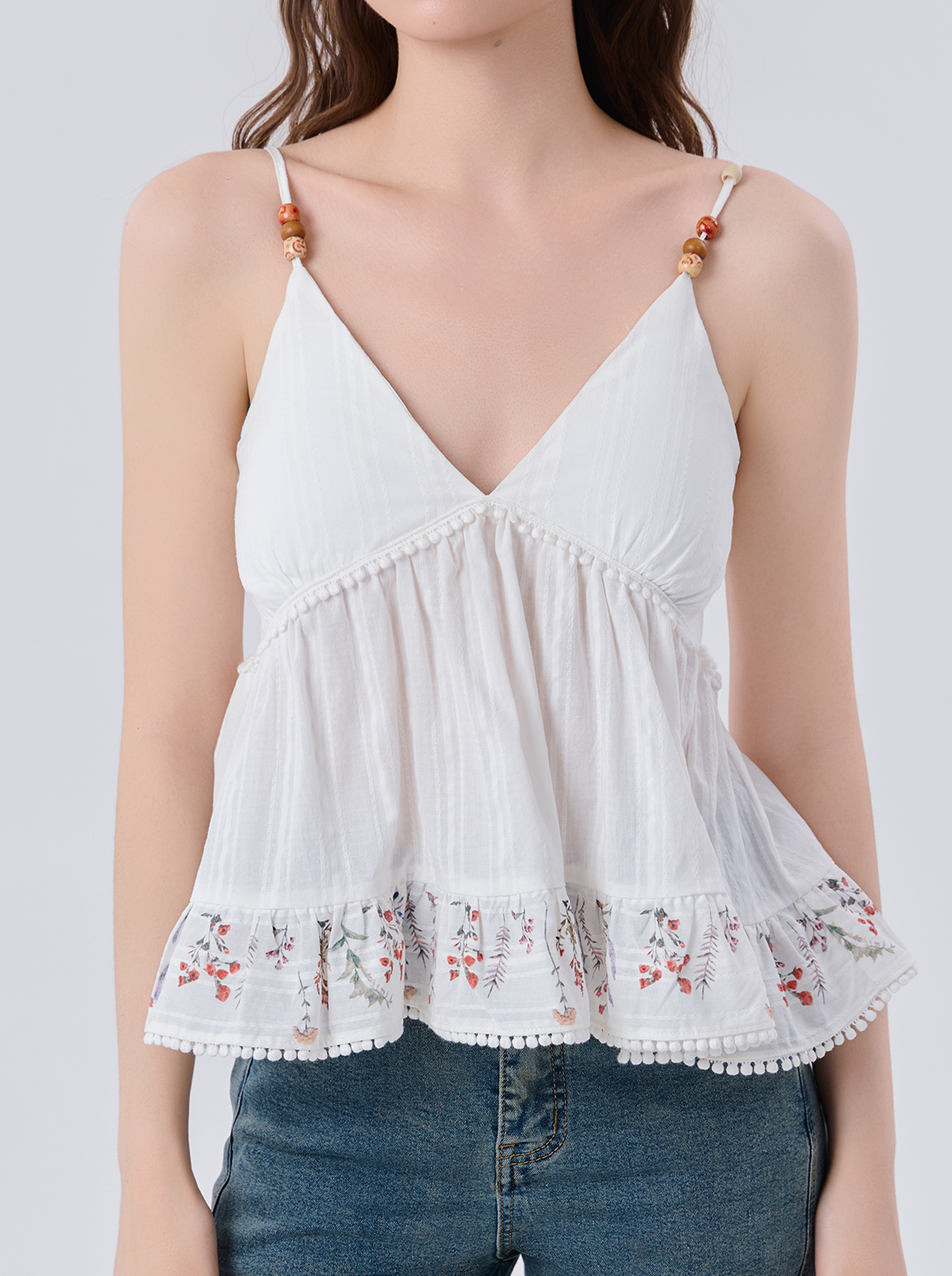 刺繡荷葉細肩V領Bra背心