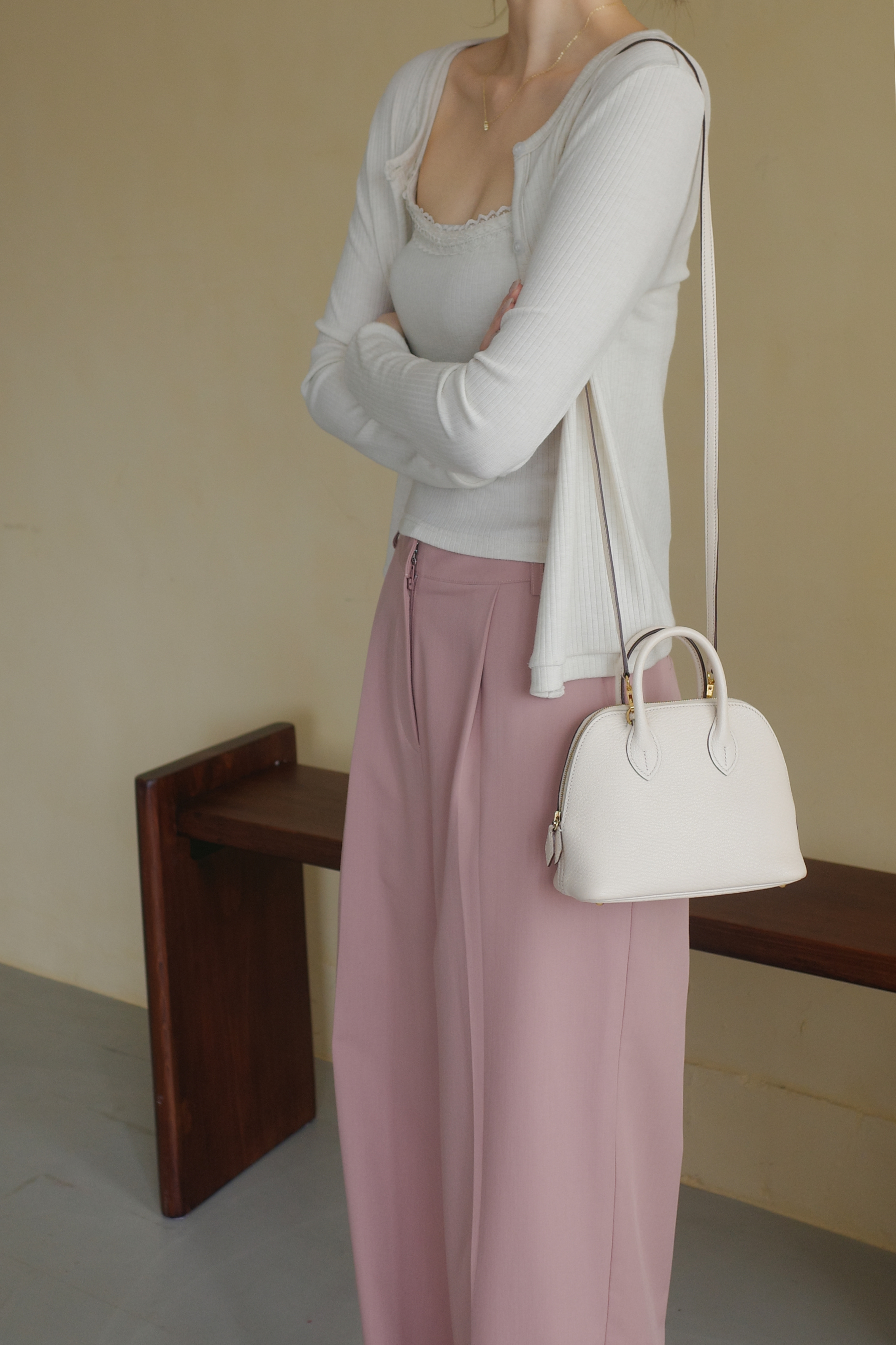 Gmade/輕柔涼感活摺收胯高腰西裝褲-霧粉