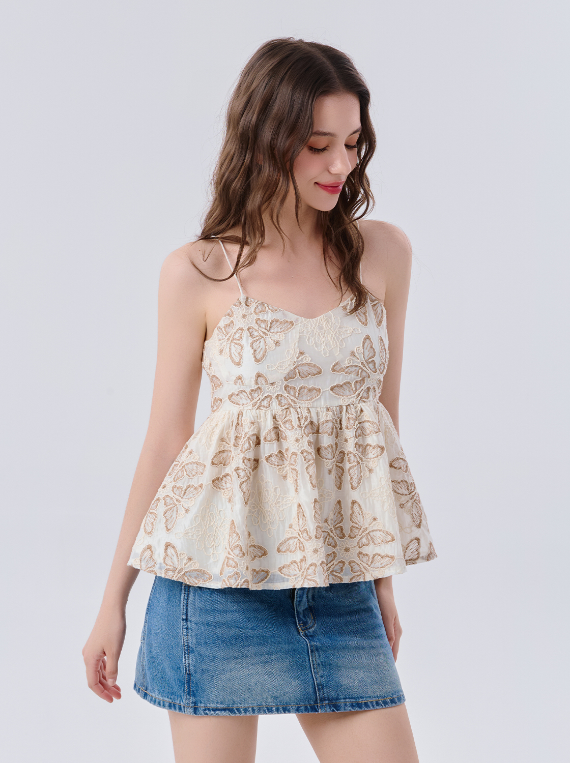 蝴蝶刺繡細肩綁帶上衣