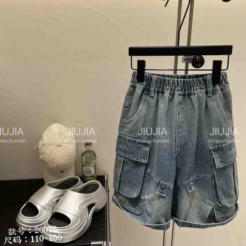 中大童工裝刷明線牛仔短褲