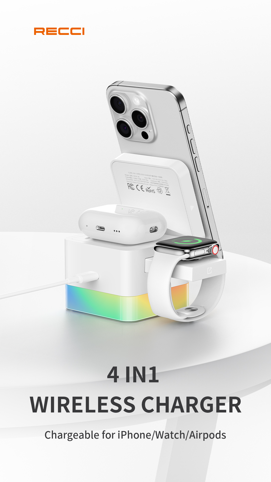 Recci Strong Magnetic 4-in-1 Ambient Light Wireless Charging Stand RCW-46