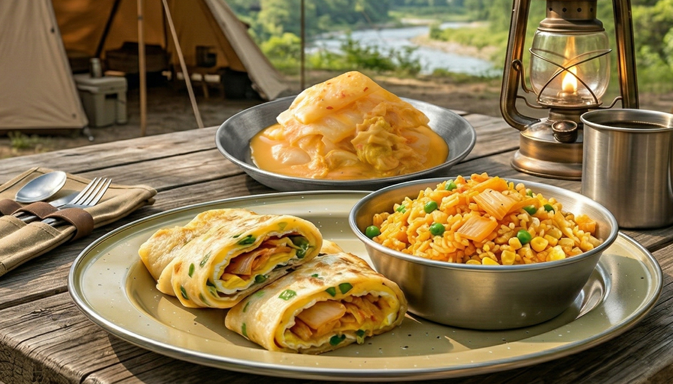 露營早晨的營養餐點-協發行黃金泡菜搭配酥脆蛋餅-居家溫馨餐桌布置