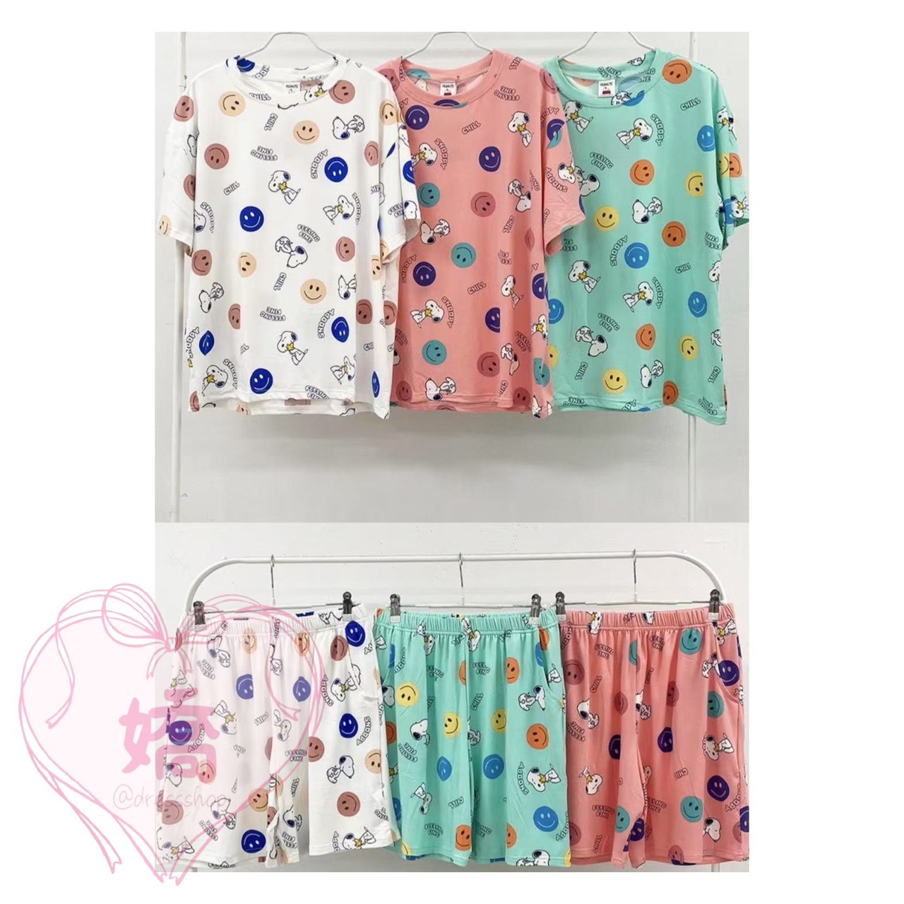 K14003笑臉史努比睡衣短褲套裝(白'粉'綠)