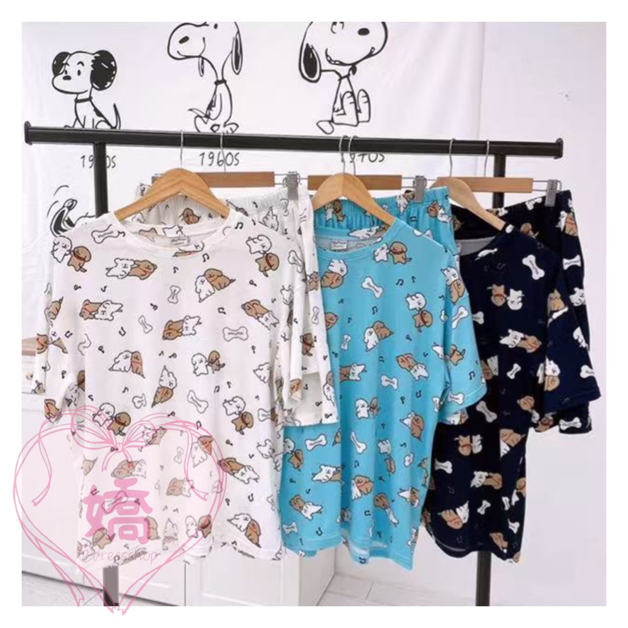 K14004線條白狗咖狗睡衣短褲套裝(白'藍'黑)