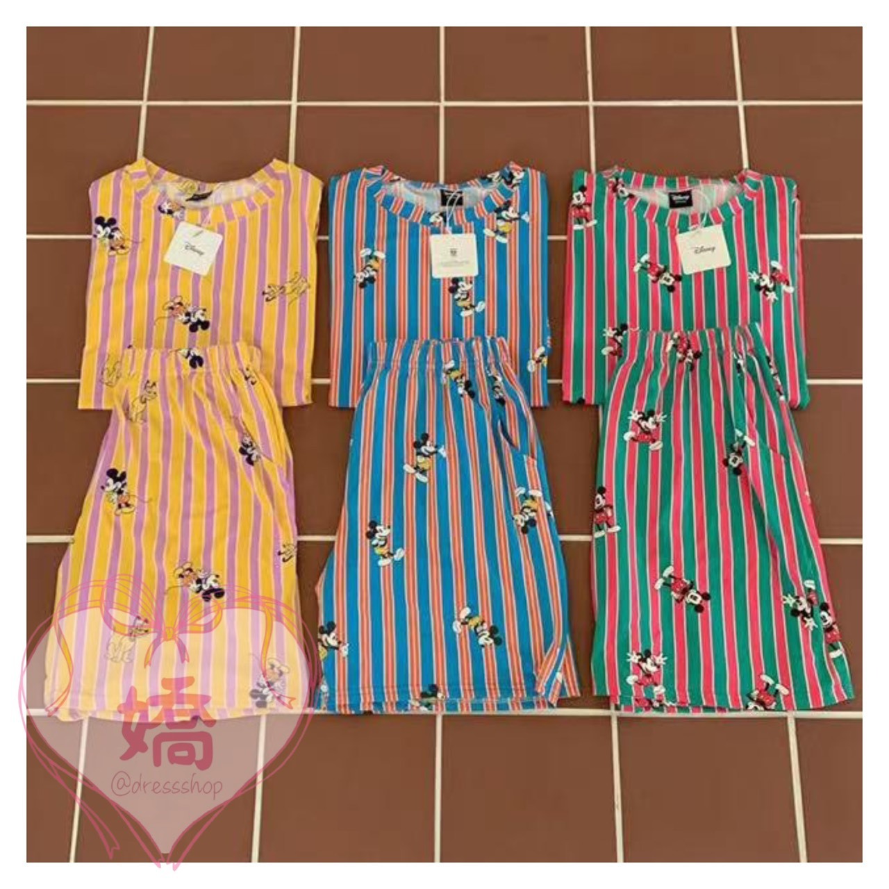 K14007撞色條紋米奇睡衣短褲套裝(黃'藍'綠)