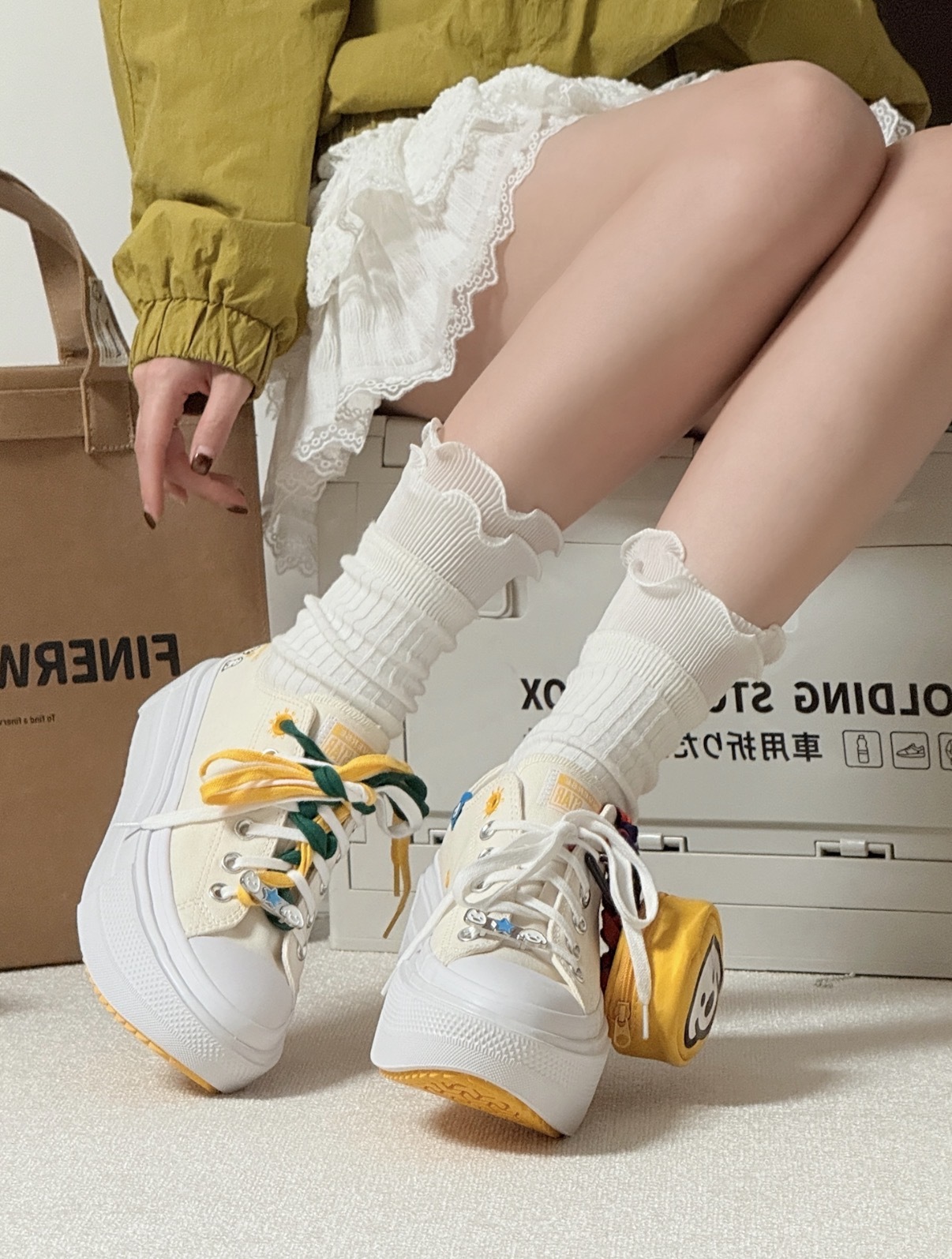 聯名款 女鞋 CONVERSE x MATSUI LIFT DOUBLE STACK 米 厚底 多色鞋帶 插畫小狗 多巴胺 帆布鞋【A22181C】 CONMATSUI