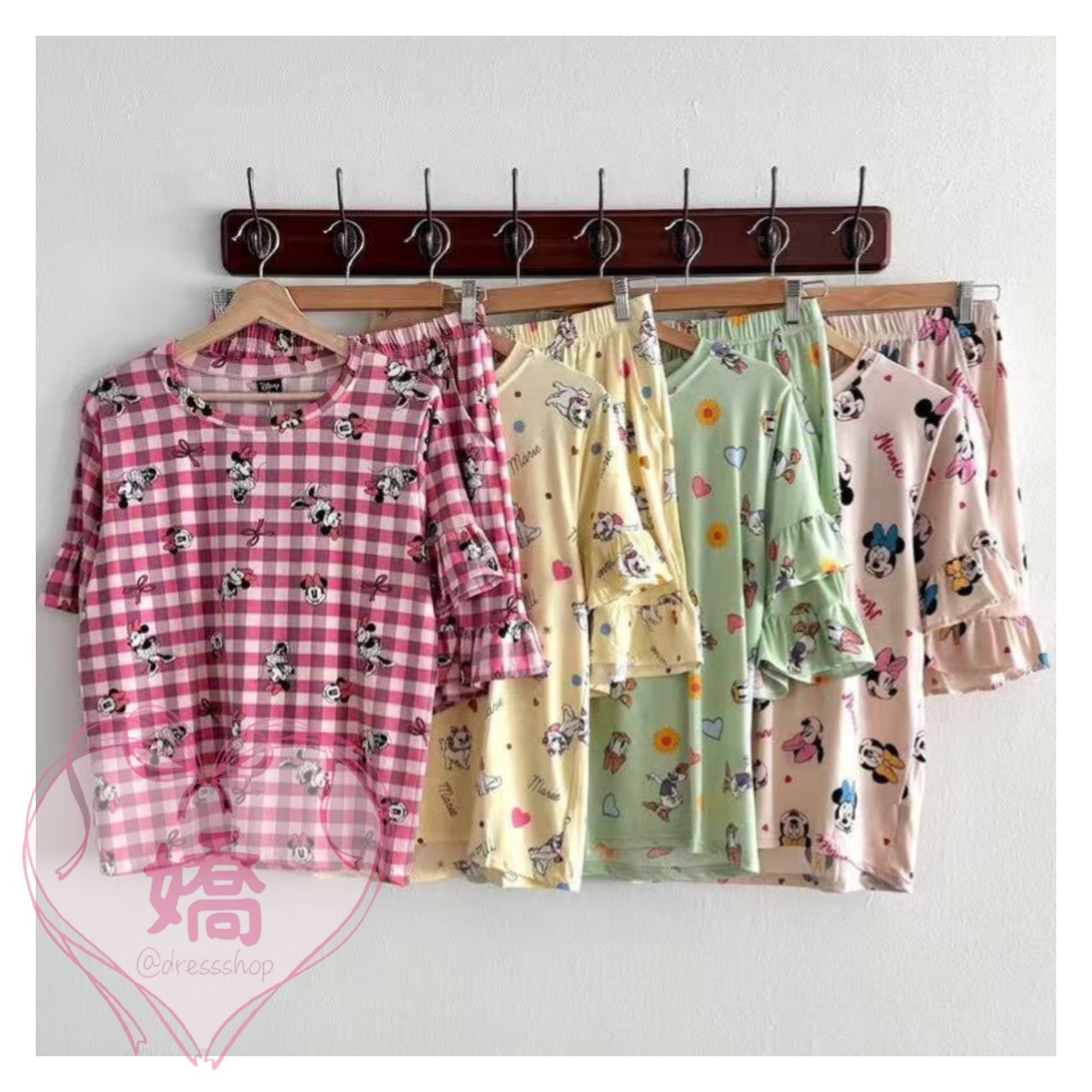 K14009迪士尼荷葉邊短褲睡衣套裝(格'黃'綠'粉)