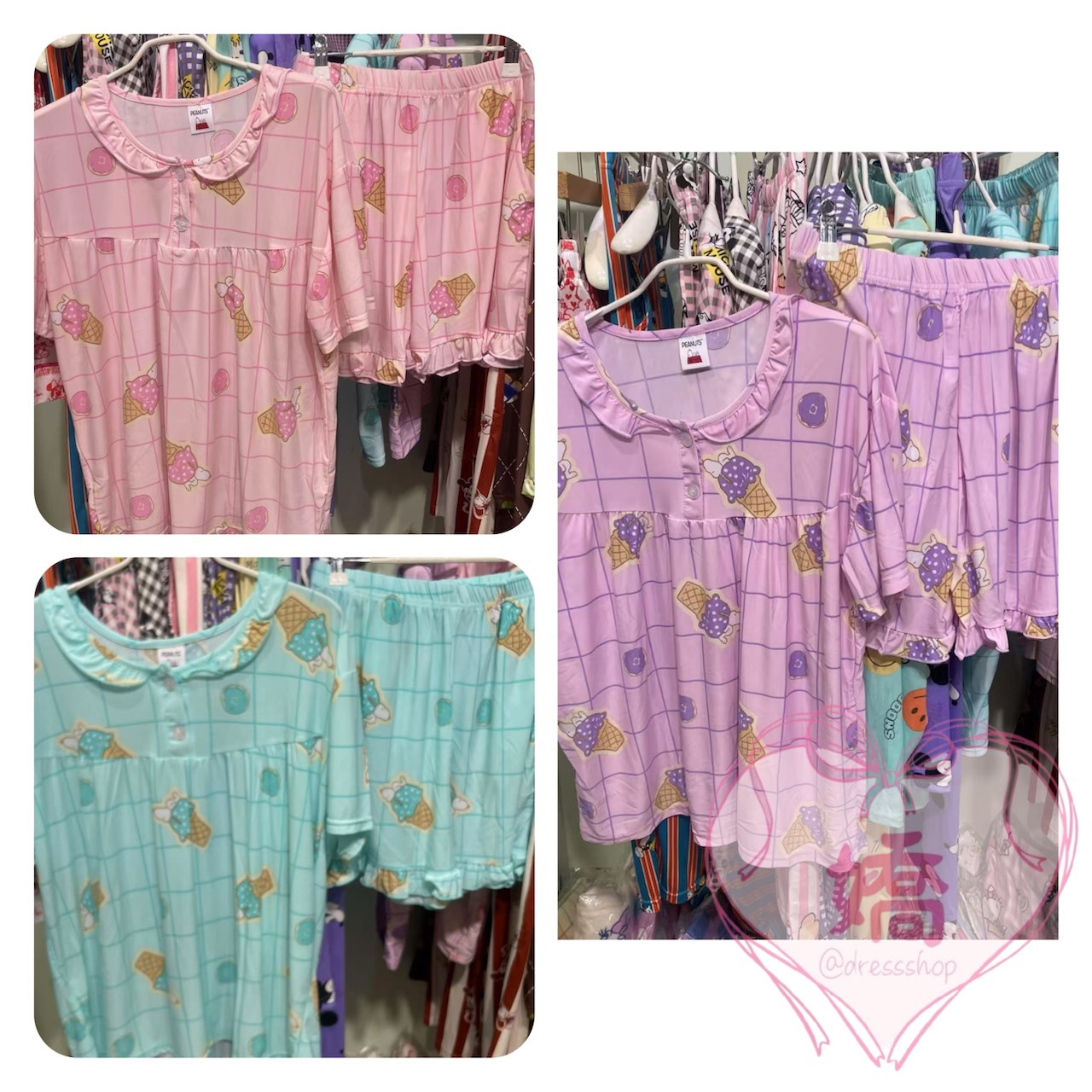 K14010格子冰淇淋荷葉邊短褲睡衣套裝(粉'綠'紫)