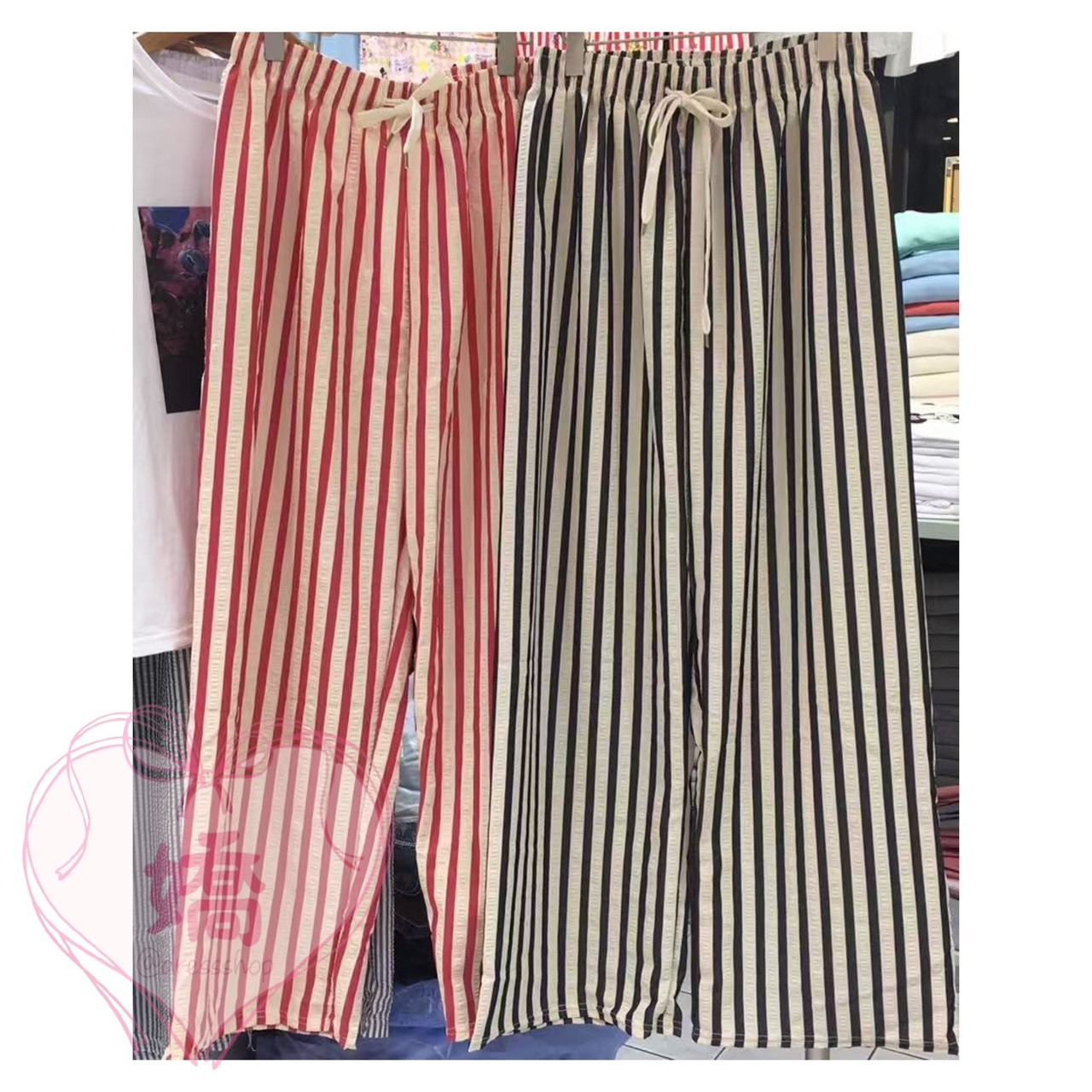 K14012抽繩直條紋長褲(紅'黑)