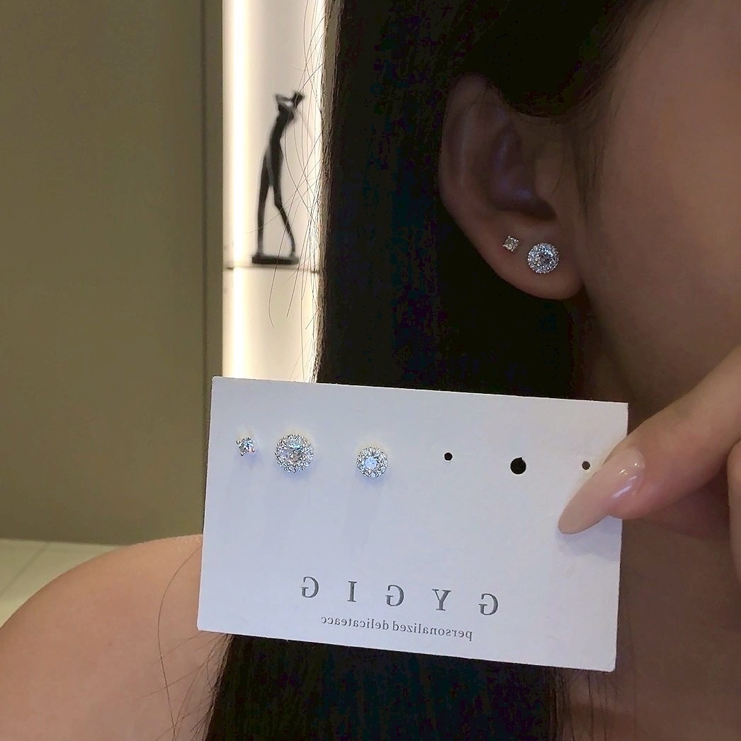Gy”低奢華白金圓鑽基本款六件組耳釘/現貨1
