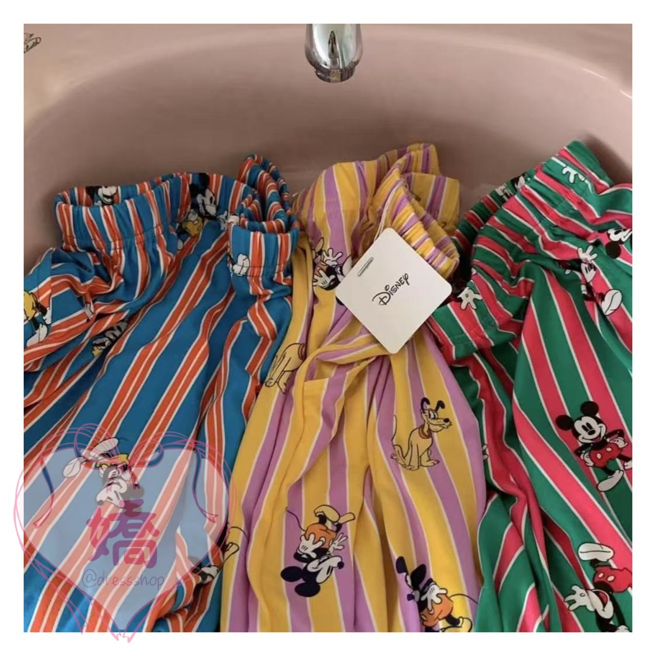 K14016撞色條紋米奇長褲(藍'黃'綠)