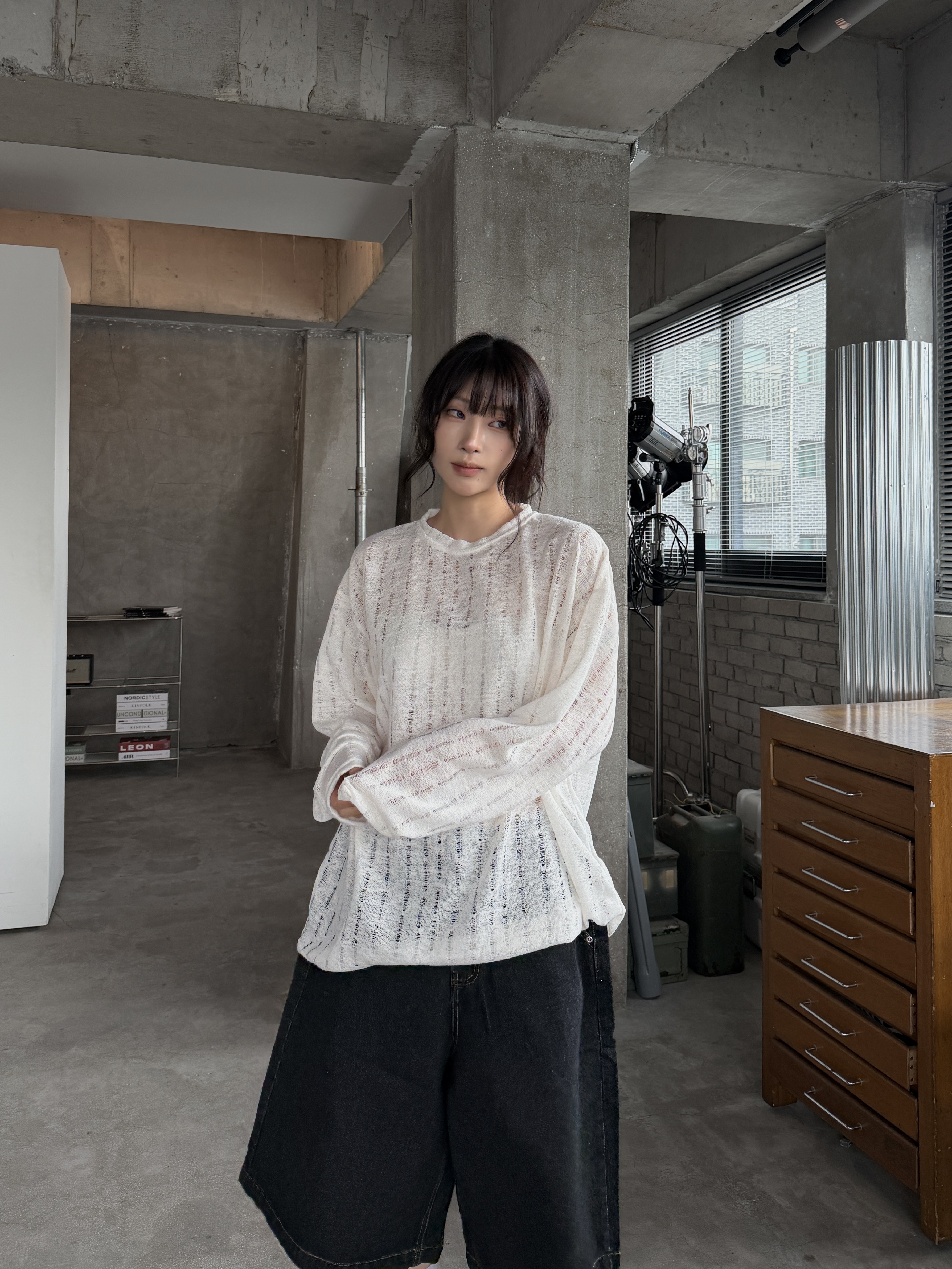 男友風 破壞針織 寬鬆長袖上衣