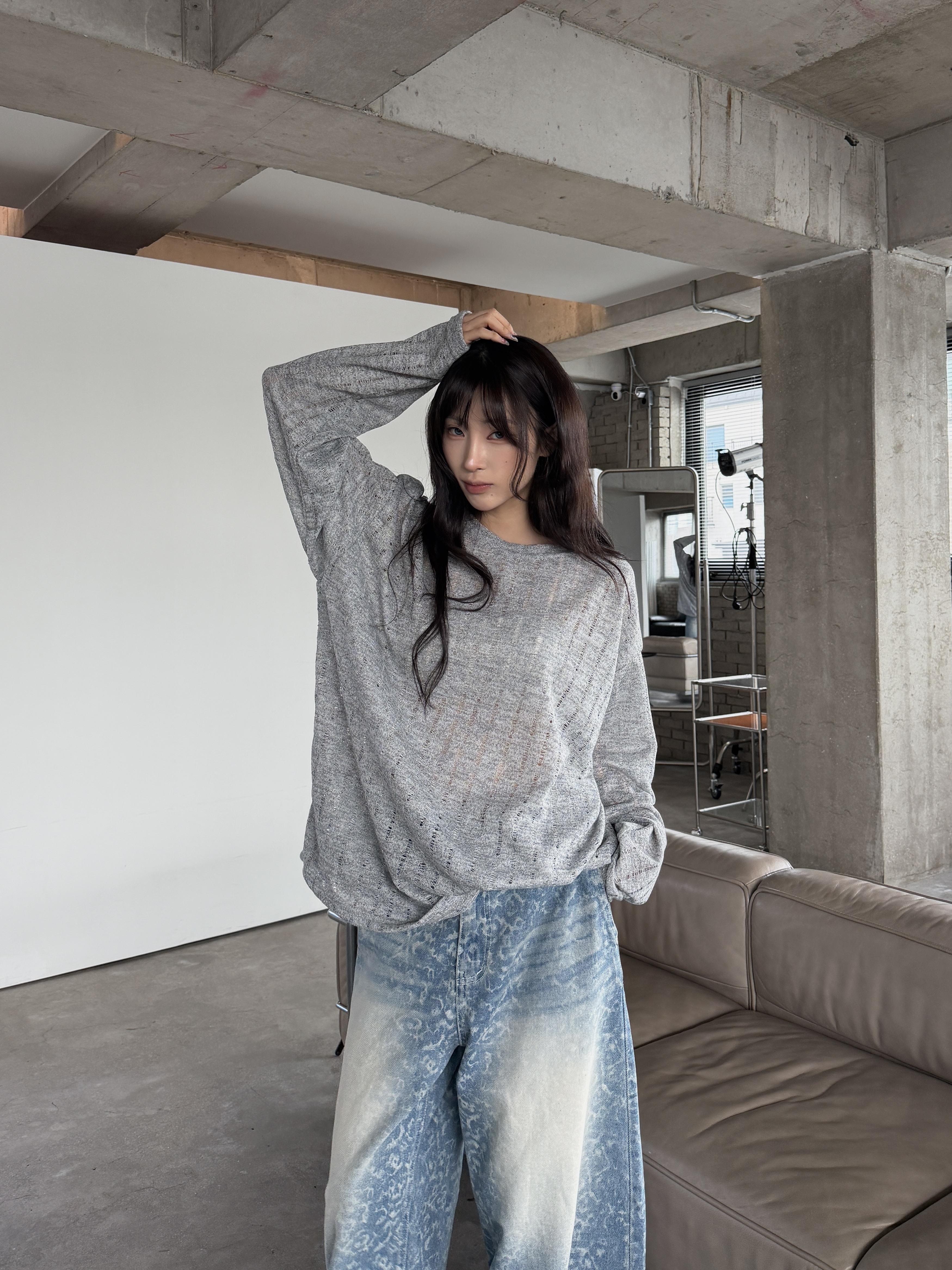 男友風 破壞針織 寬鬆長袖上衣