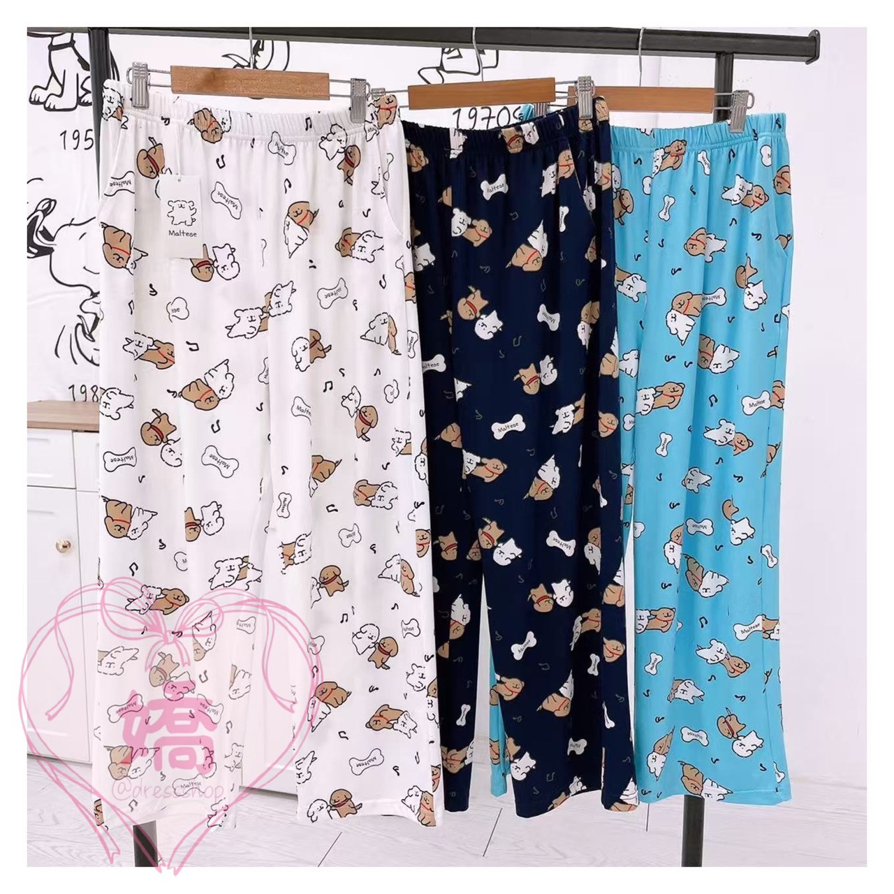 K14019線條白狗咖狗長褲(白'黑'藍)