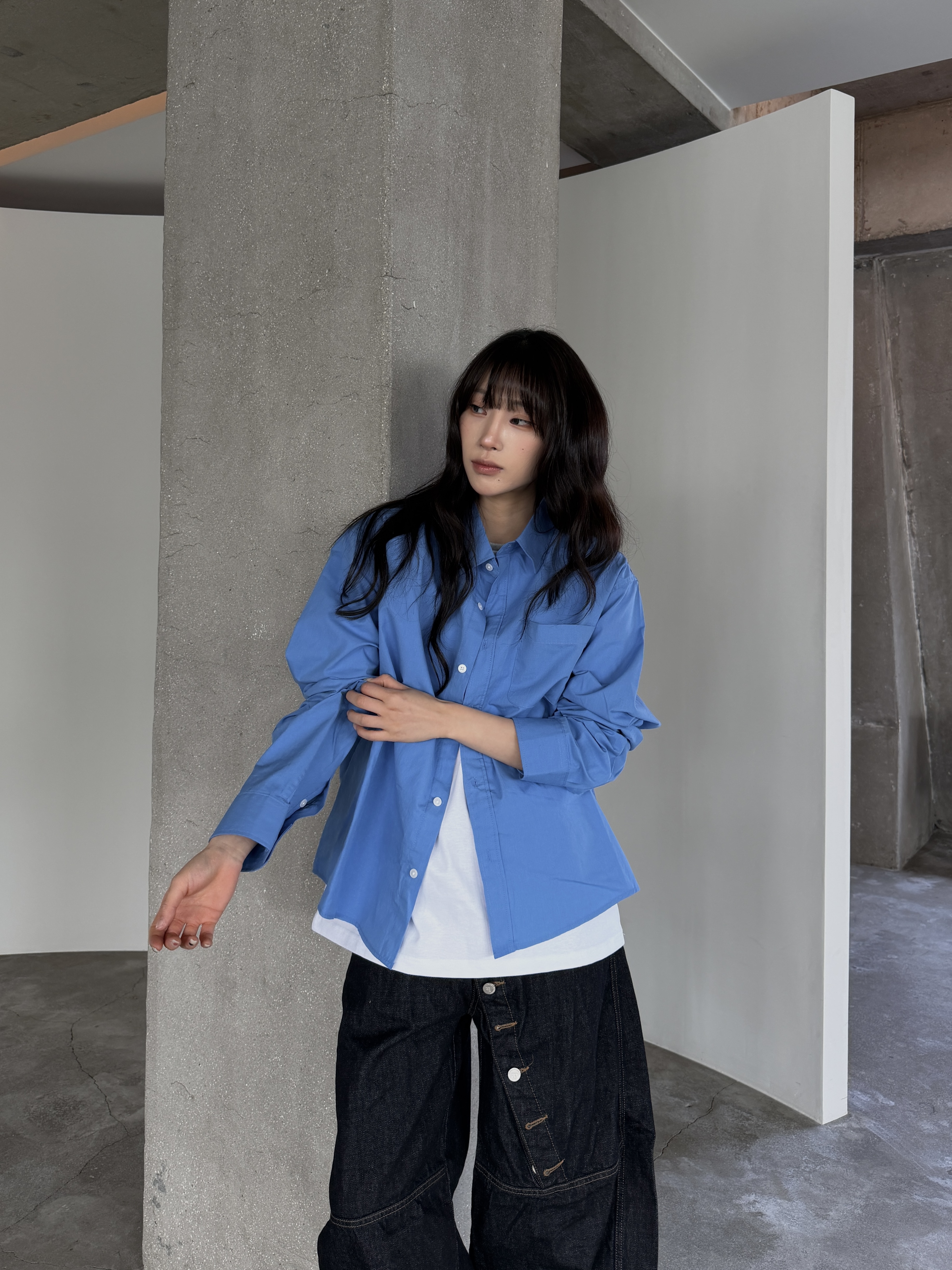 寬短輪廓 立體純棉 長袖口袋襯衫