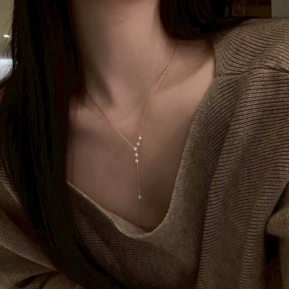 Gy”s925 rose玫瑰金星辰月光點鑽流蘇墜細項鍊