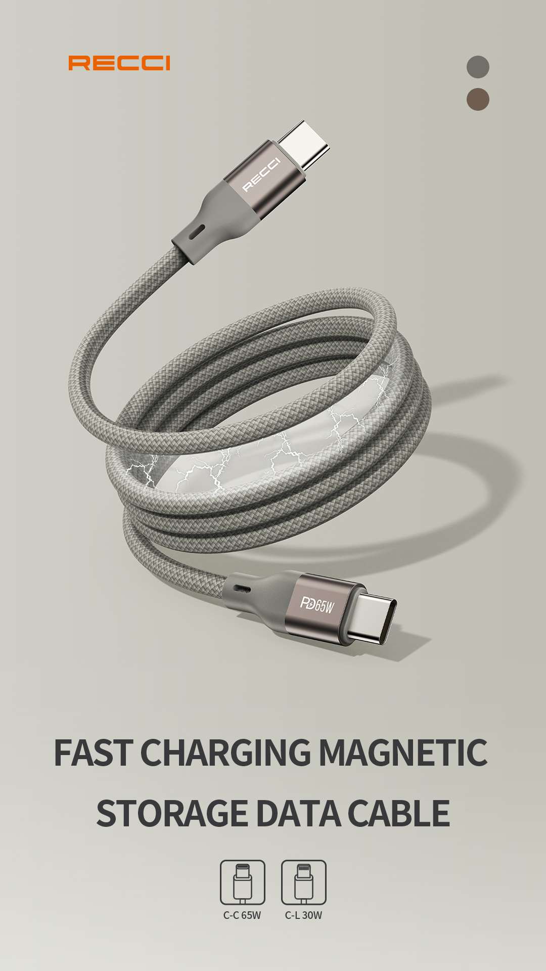 Recci USB C to USB C Magnetic PD 65W 1M Fast Charging Cable RS23CC
