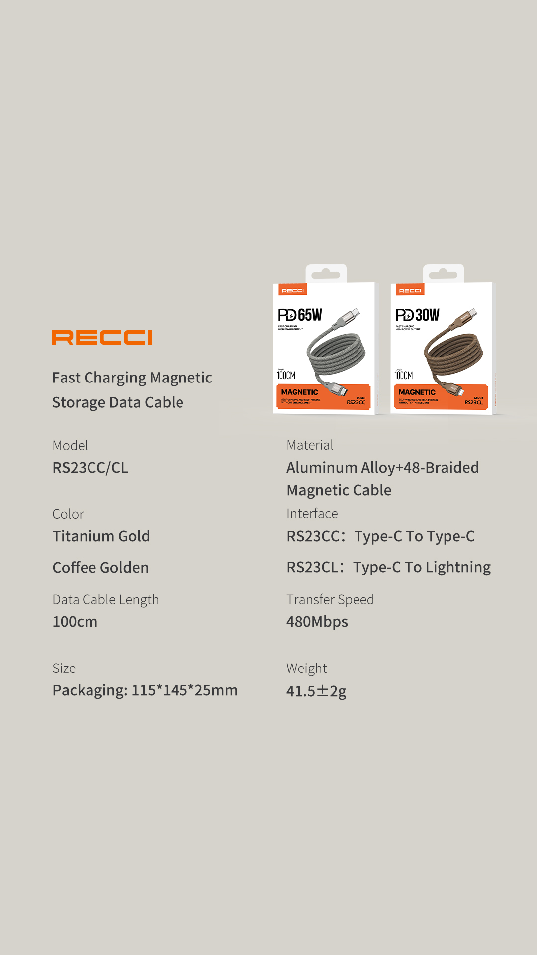 Recci USB C to USB C Magnetic PD 65W 1M Fast Charging Cable RS23CC