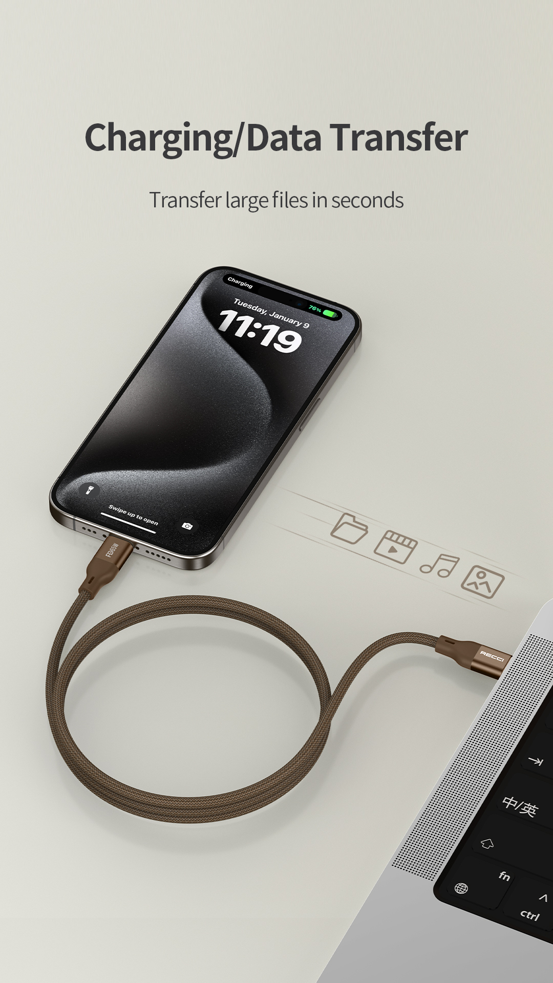 Recci USB C to USB C Magnetic PD 65W 1M Fast Charging Cable RS23CC