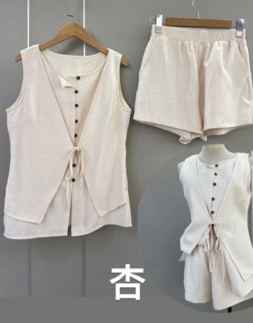 C1831-棉麻假2件背心+短褲SET