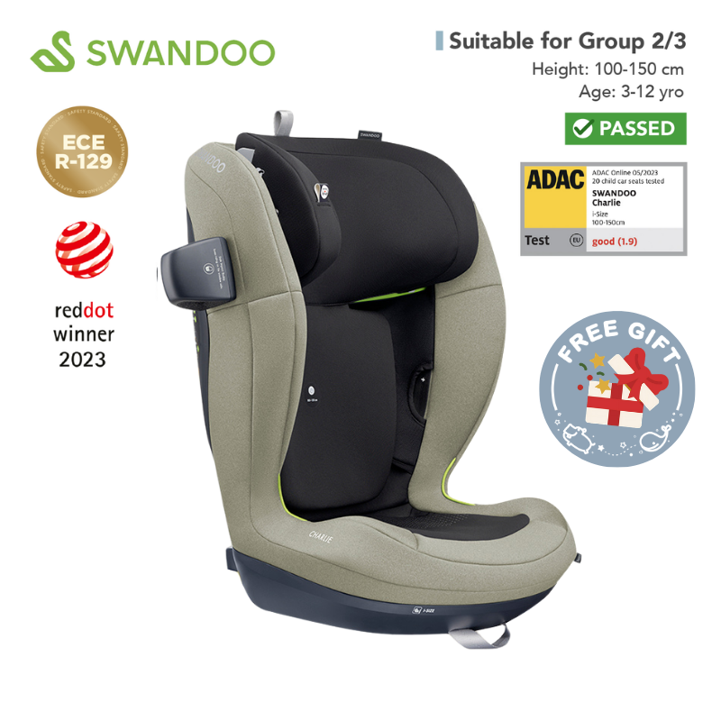 Swandoo - Charlie i-Size 增高型兒童安全座椅 (R129 & CCC 安全標準)(適合約3-12歲/身高100-150cm) (鼠尾草灰)