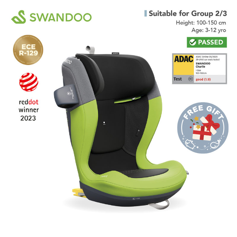 Swandoo - Charlie i-Size 增高型兒童安全座椅 (R129 & CCC 安全標準)(適合約3-12歲/身高100-150cm)(芝麻灰&檸檬綠)