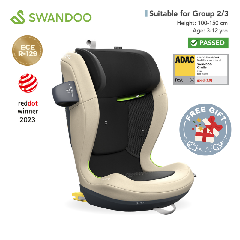 Swandoo - Charlie i-Size 增高型兒童安全座椅 (R129 & CCC 安全標準)(適合約3-12歲/身高100-150cm) (腰果米)