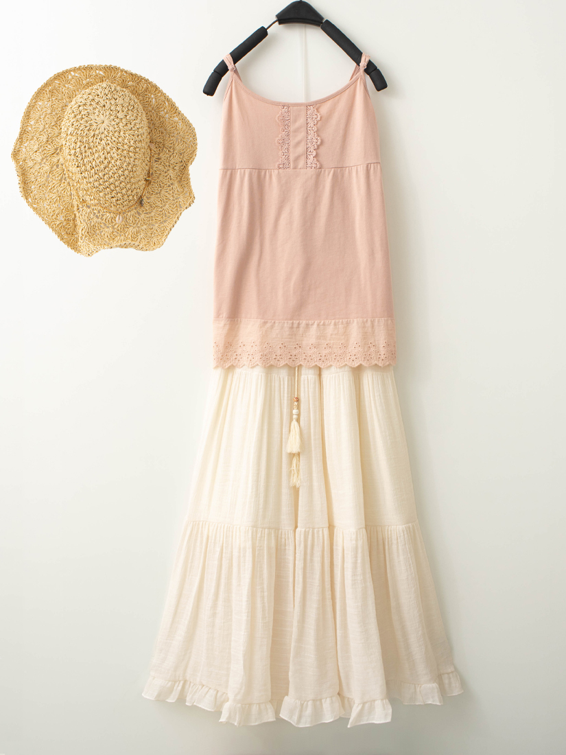 水溶蕾絲剪接背心皺面綁帶荷葉長裙組合