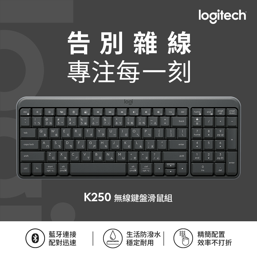 【Logitech】K250 無線藍牙鍵盤 - 石墨黑